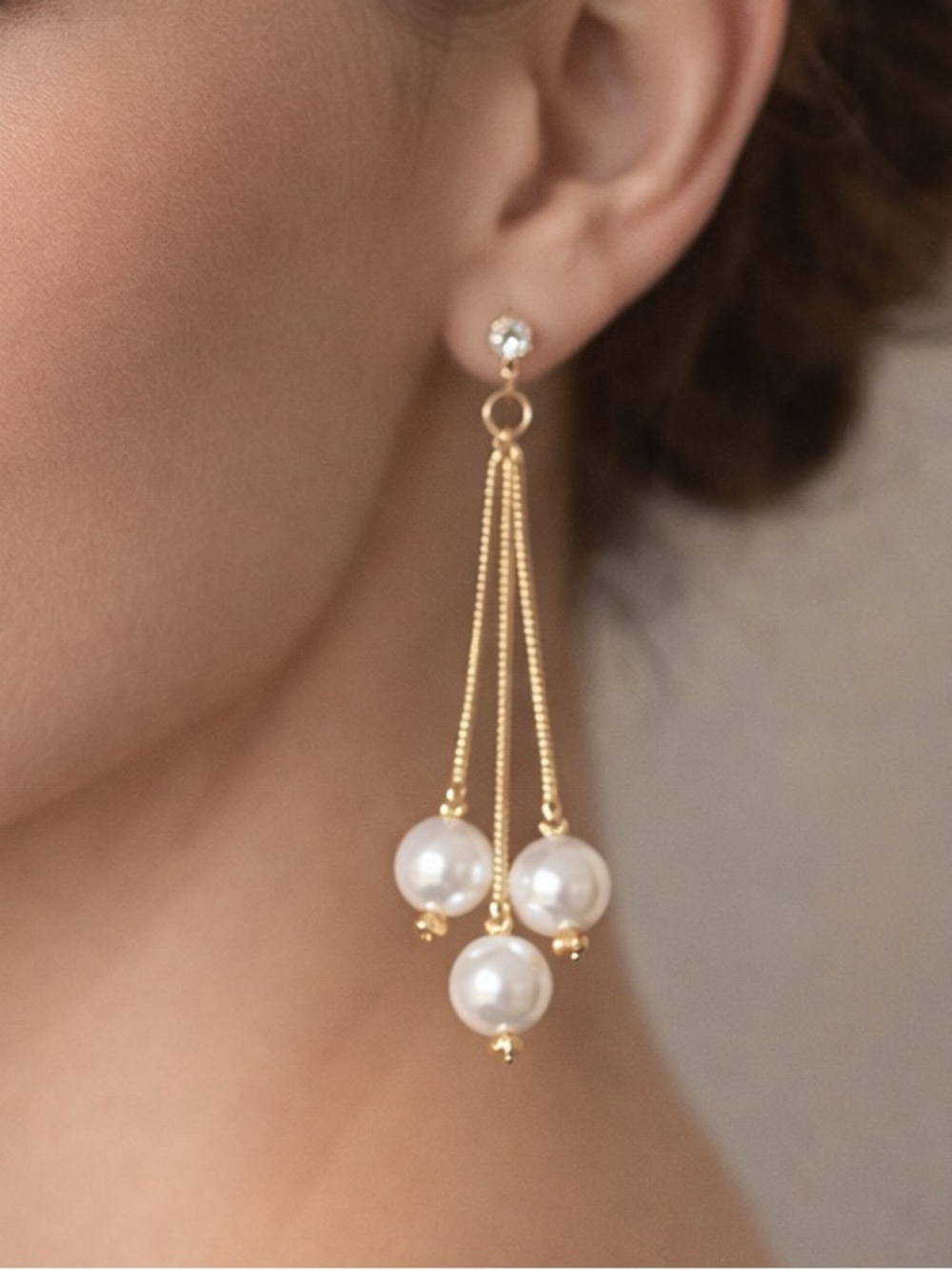 😍SHOW SPECIAL E74 Goldtone 3 Strand Pearl Drop Earrings